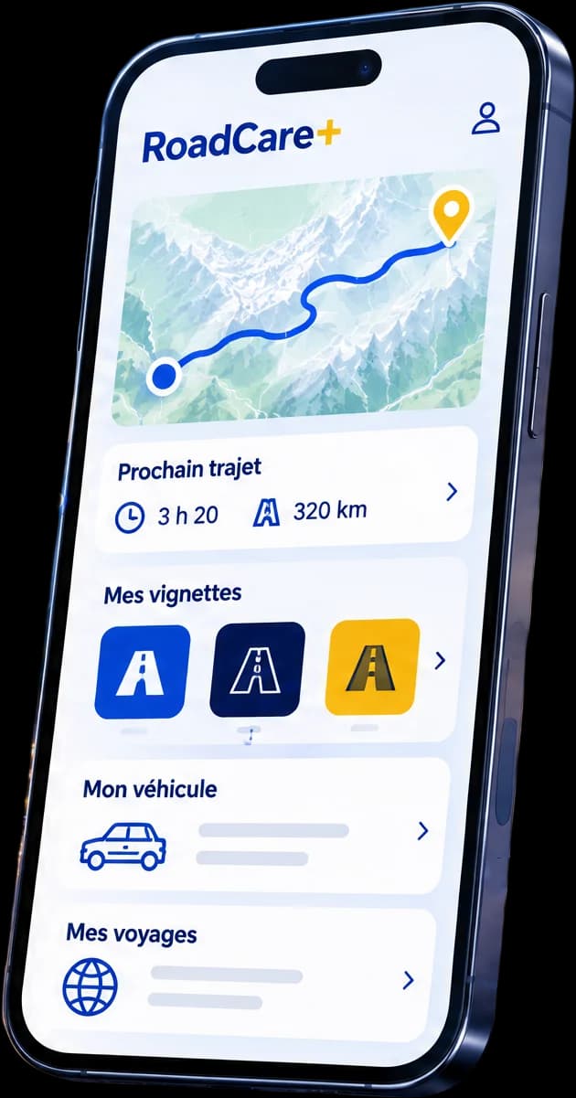Application RoadCare+ : prochain trajet, vignettes actives, véhicule et voyages